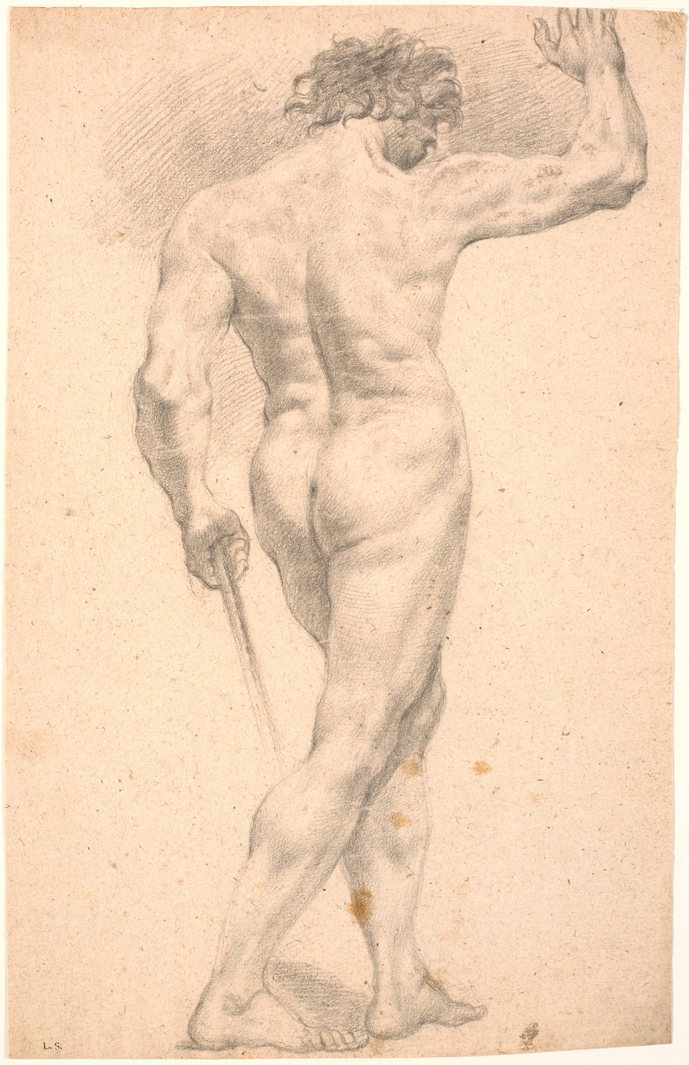 Stående mandlig model, set fra ryggen, med løftet højre hånd, Heinrich Dittmers, 1625-1677