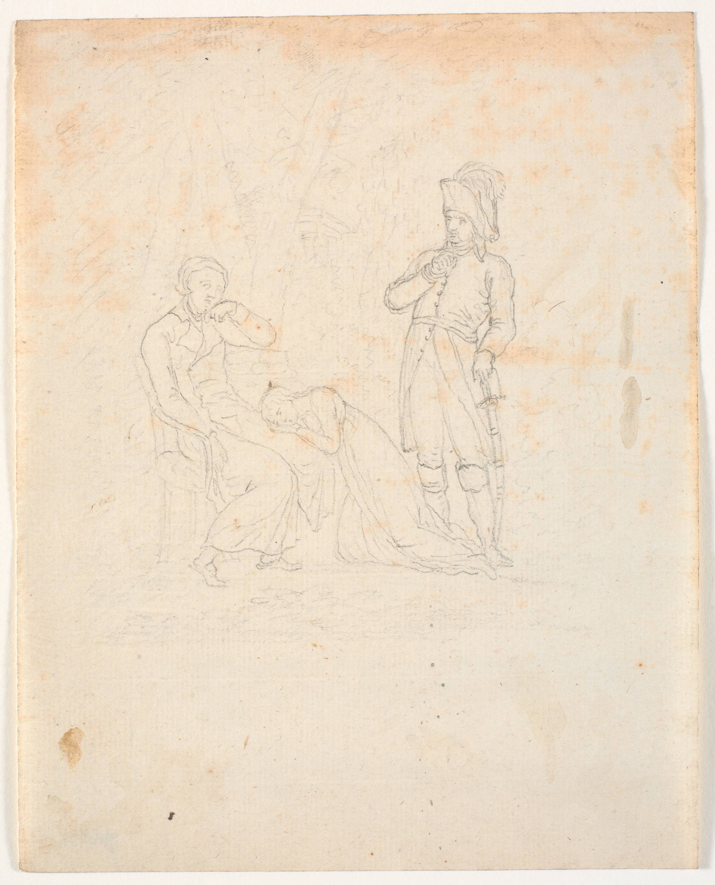 Siddende mand, knælende pige, stående officer. Teaterscene?, C.A. Lorentzen, 1746-1828