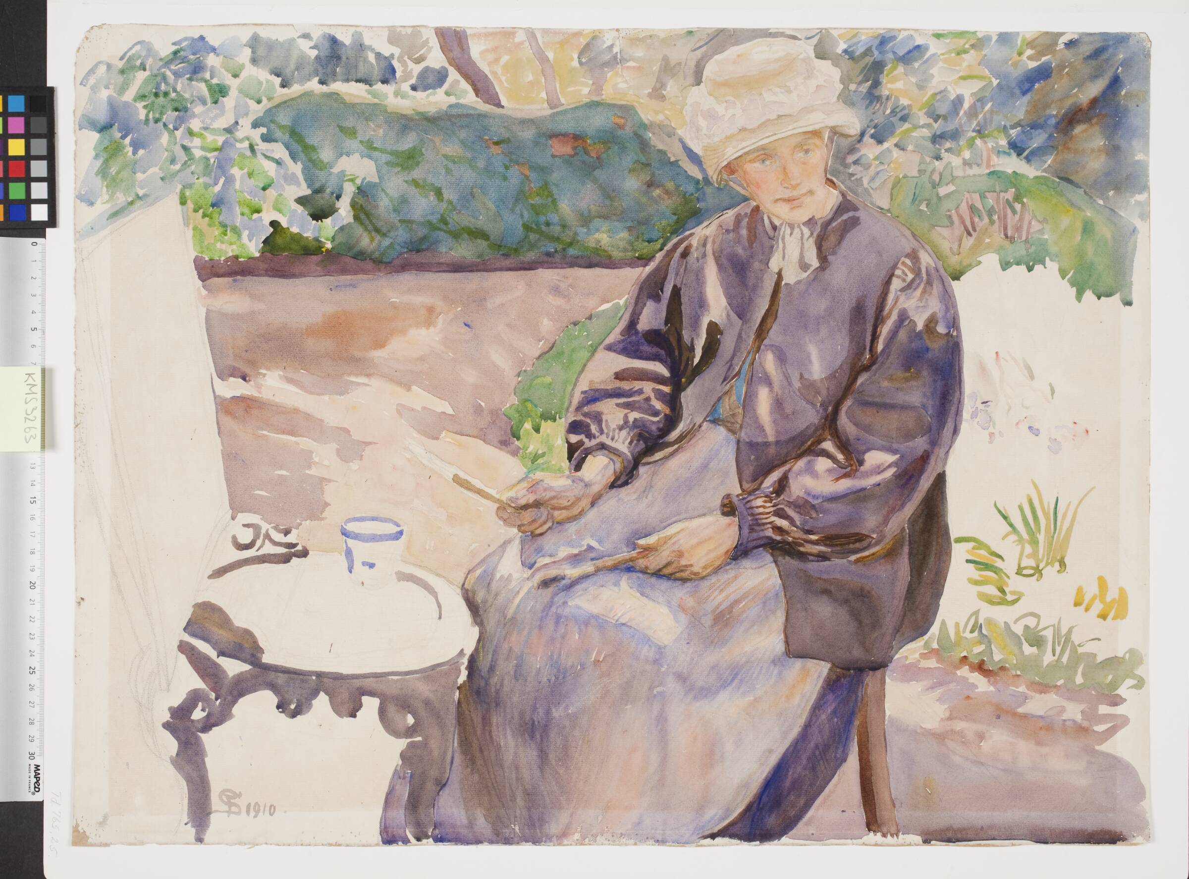 Kunstnerens kone, malerinden Anna Syberg, i smedens have, Fritz Syberg, 1910
