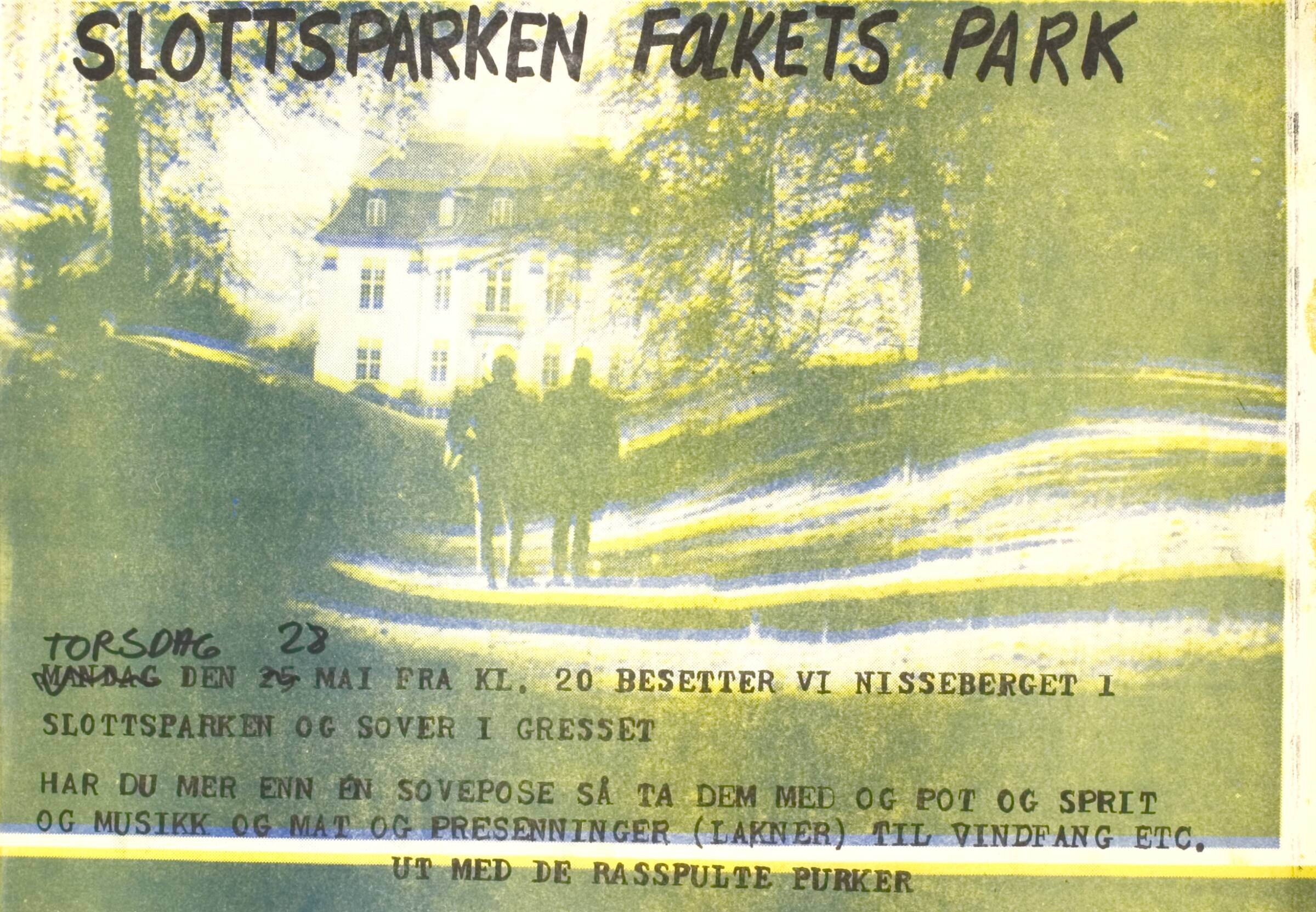 Plakat for parkbesættelsen i forbindelse med Nordisk Ungdomsbiennale i Oslo, maj 1970, Bjørn Nørgaard, 1964-1965