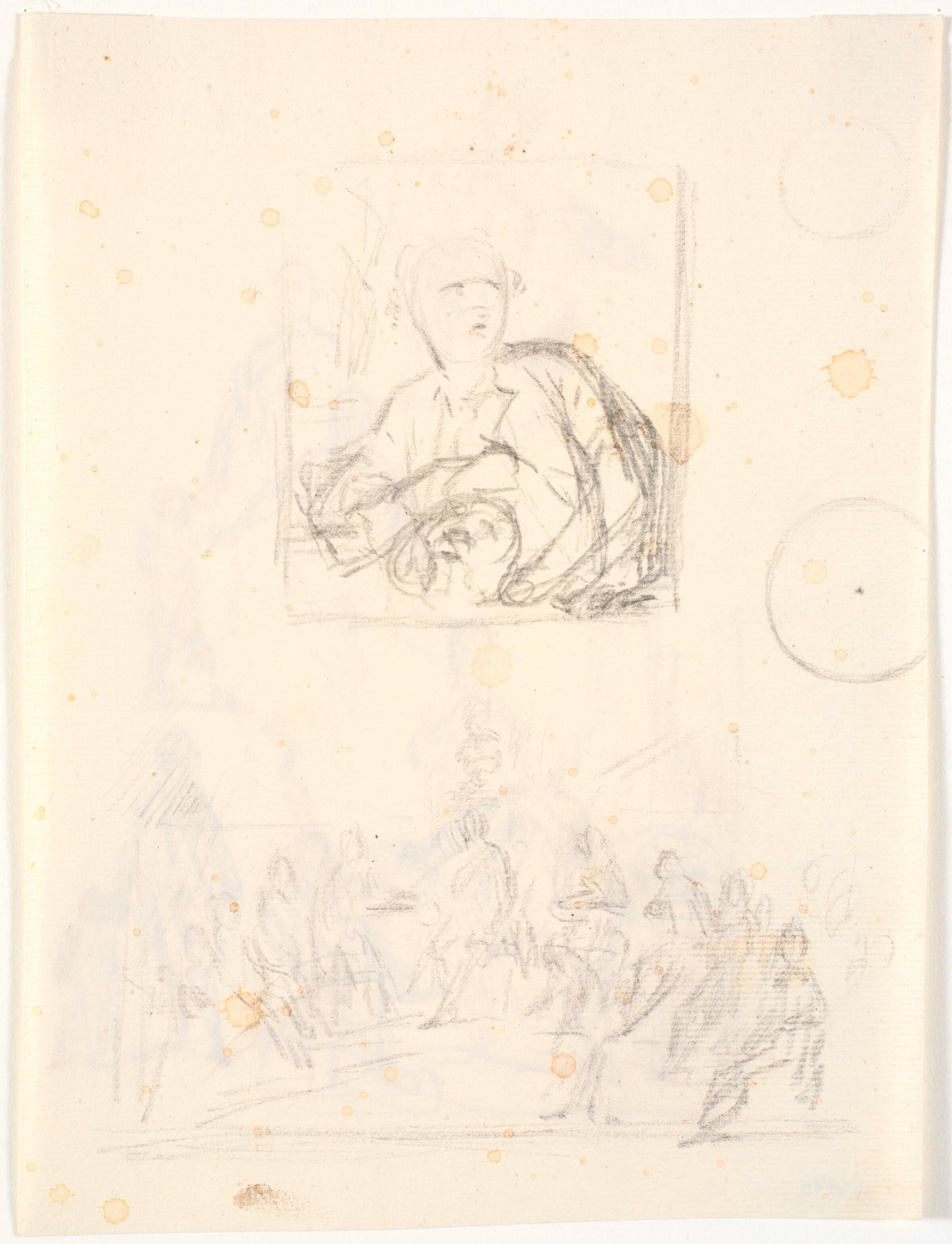 To skitser. F.o. skitse til maleriet af Andreas Weidenhaupt, Kunstakademiet. F.n. en figurgruppe, C.A. Lorentzen, 1746-1828