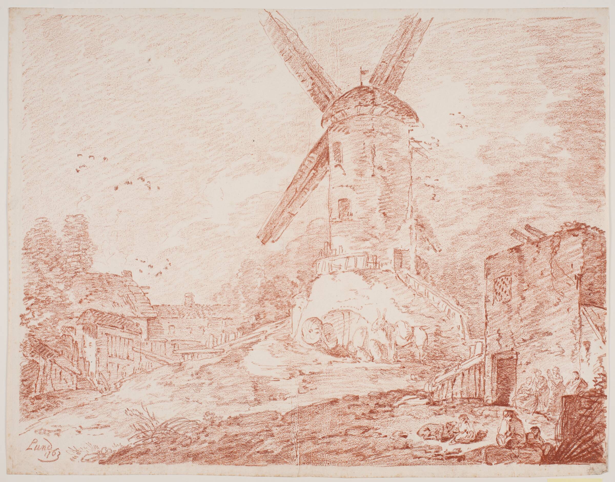 Italiensk landskab med vindmølle, Jens Petersen Lund, 1763