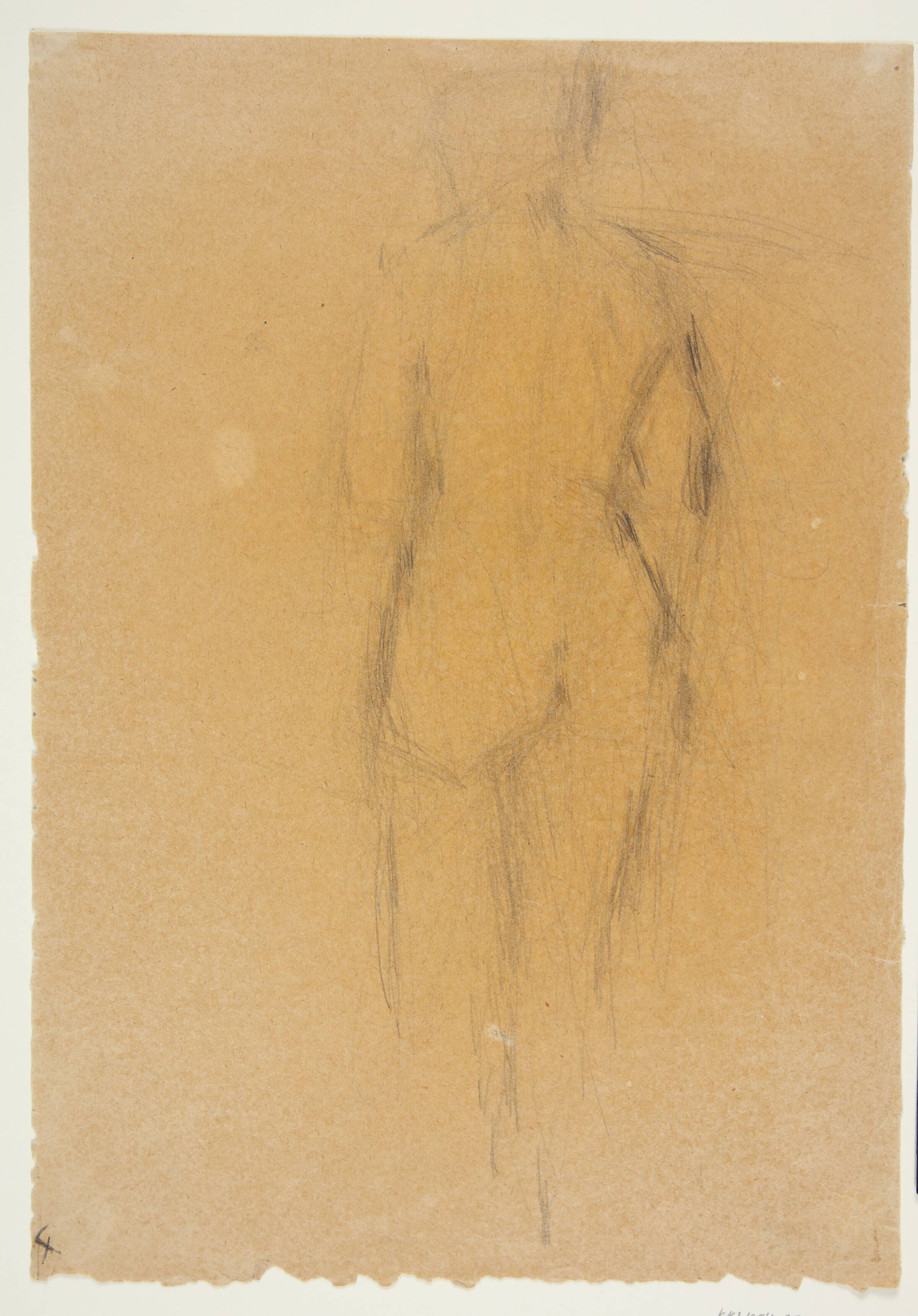 Stående model set fra ryggen; knæfigur, Agnete Madsen, 1957
