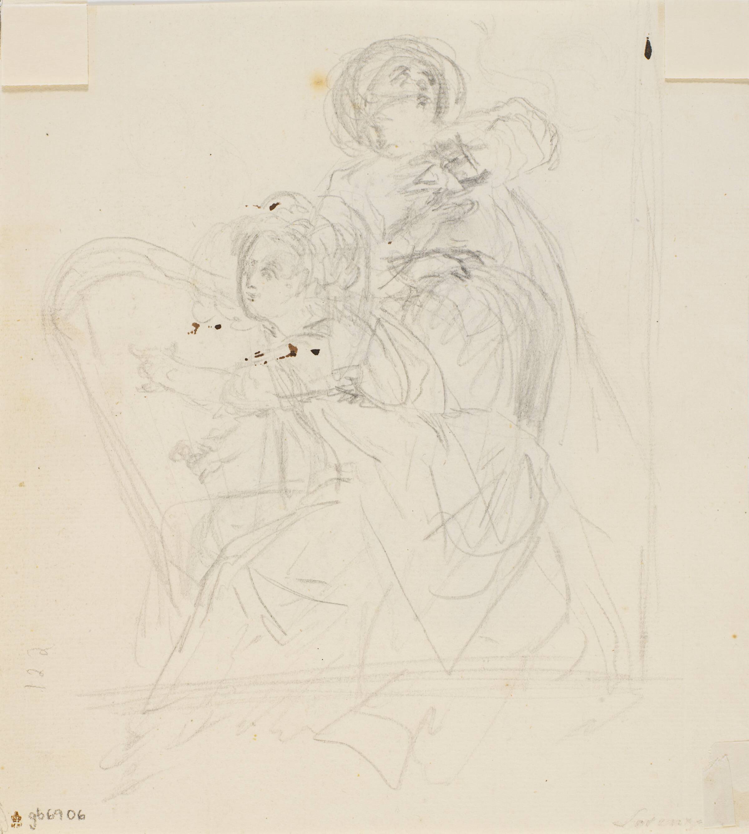 Siddende dame med harpe og bagved stående mand, C.A. Lorentzen, 1746-1828