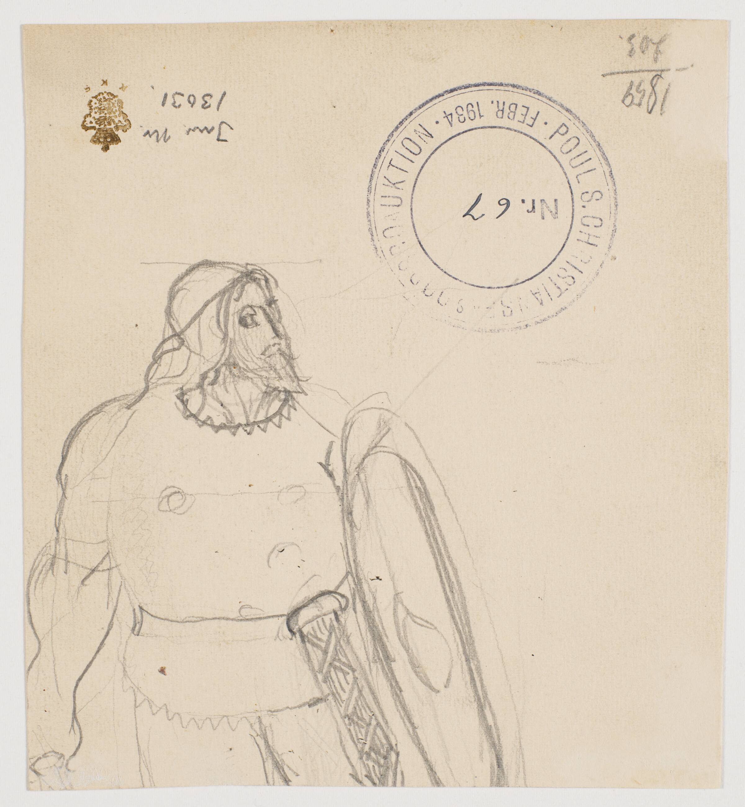Overkroppen af mandsperson med skjold og sværdskede, Poul S. Christiansen, 1899