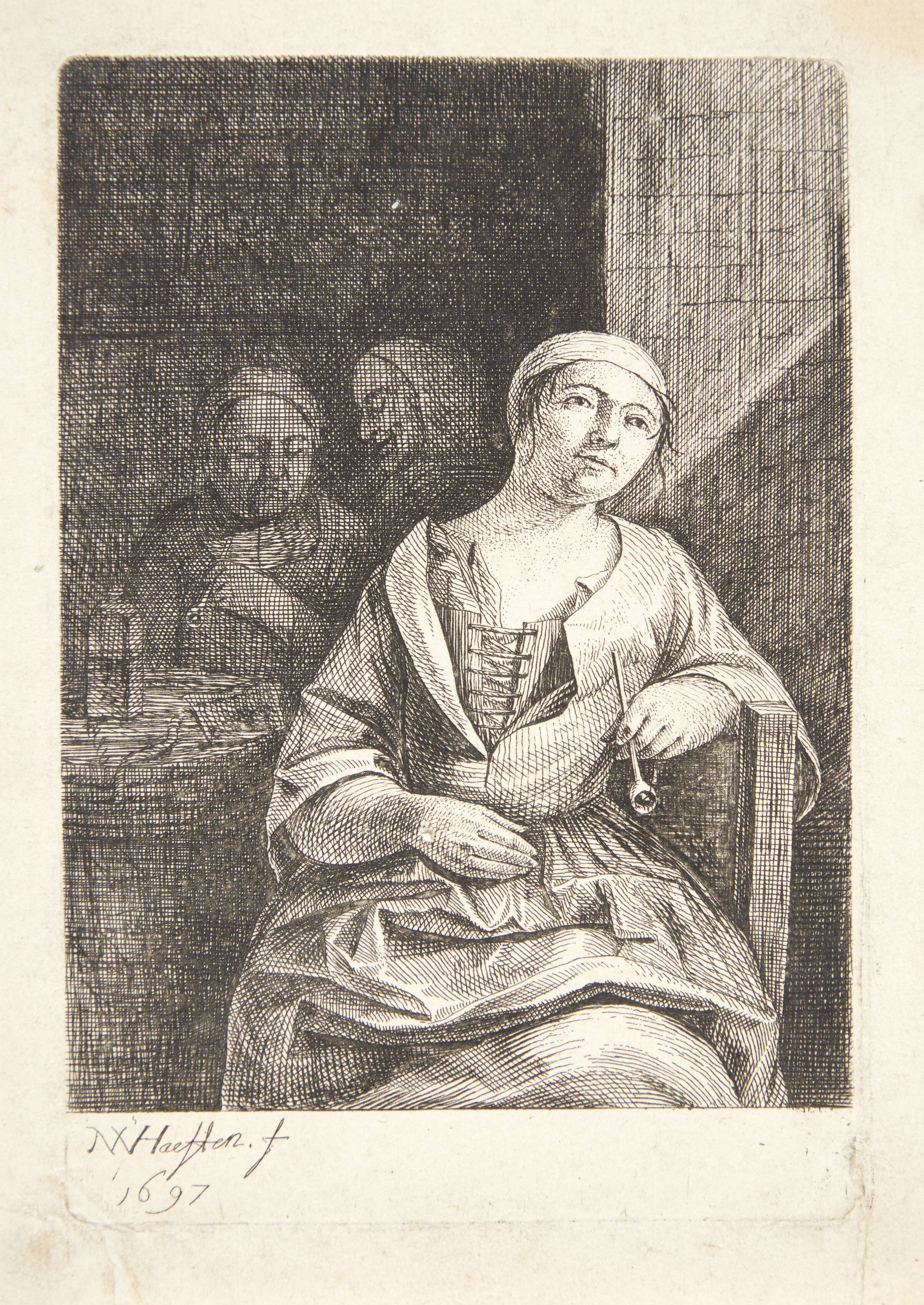 Siddende ung kvinde med en pibe, Nicolaes van Haeften, 1697