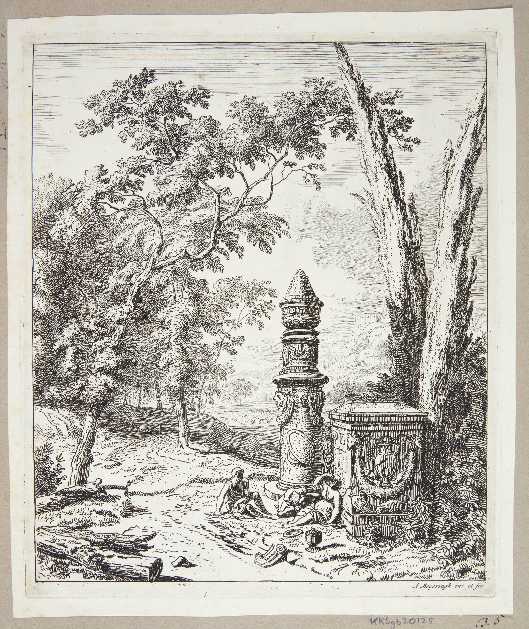 Landskab med figurer, der gør holdt ved et gravmonument
