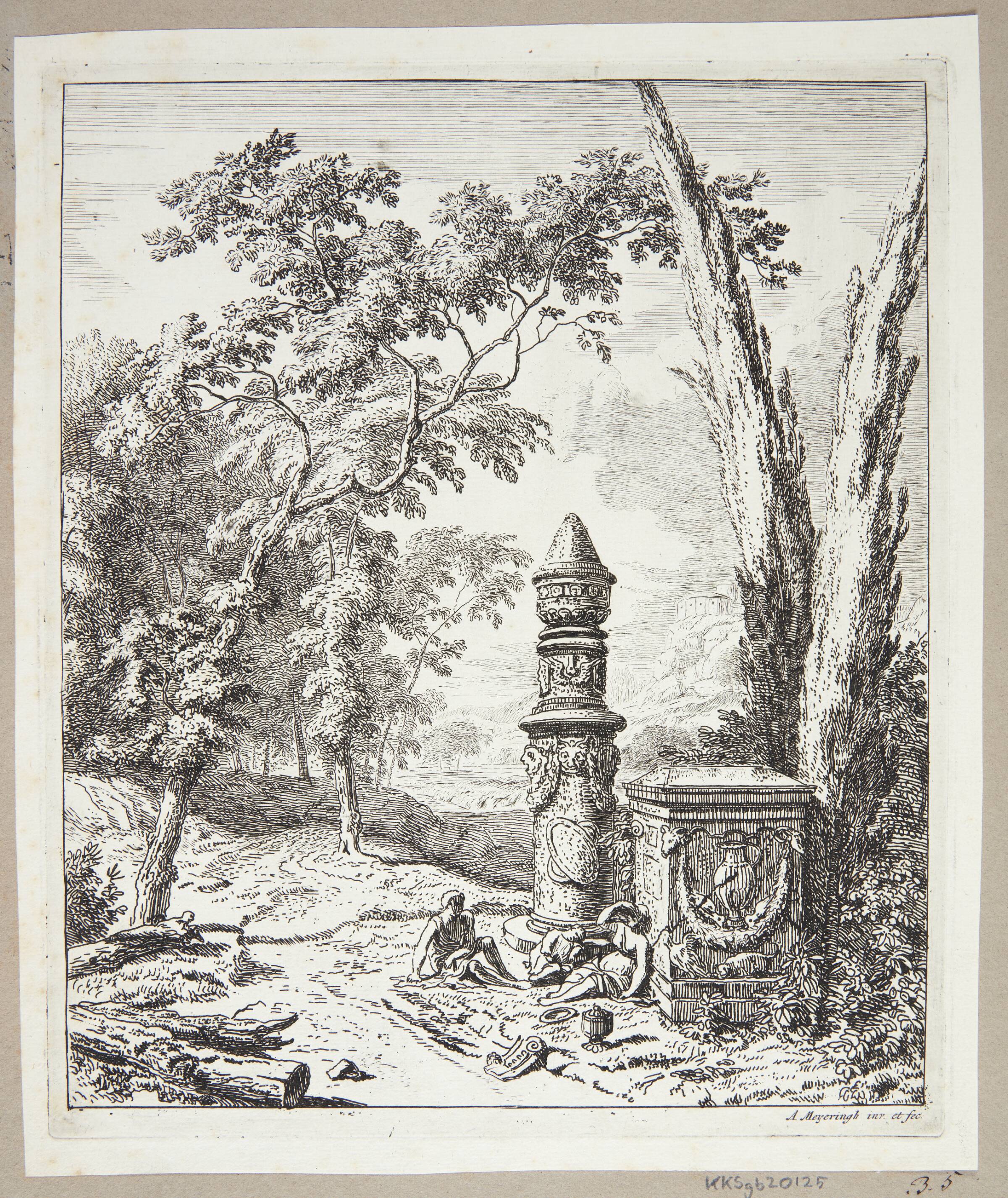 Landskab med figurer, der gør holdt ved et gravmonument, Albert Meyering, 1645-1714