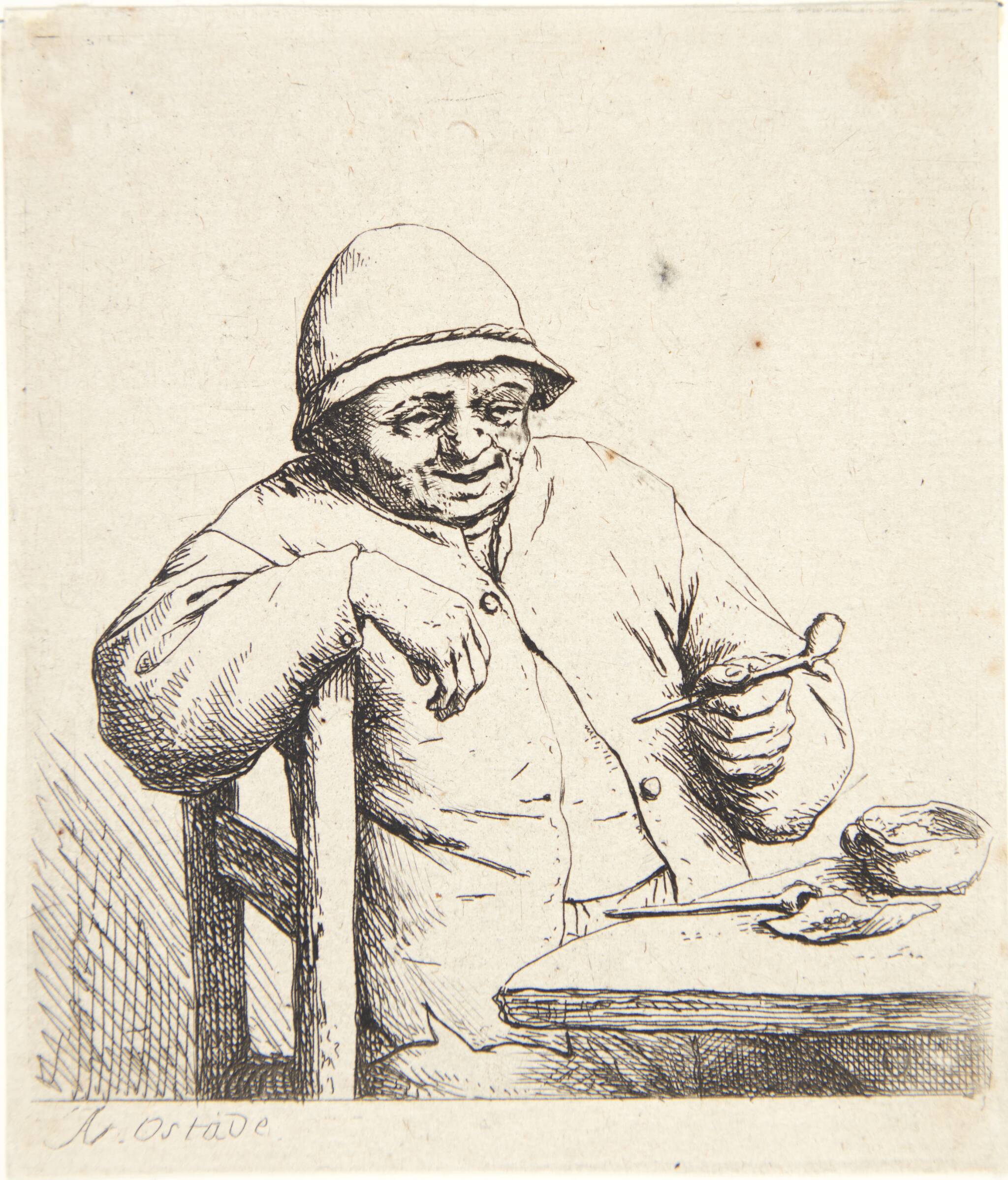 Bonde, siddende ved et bord med en pibe i hånden