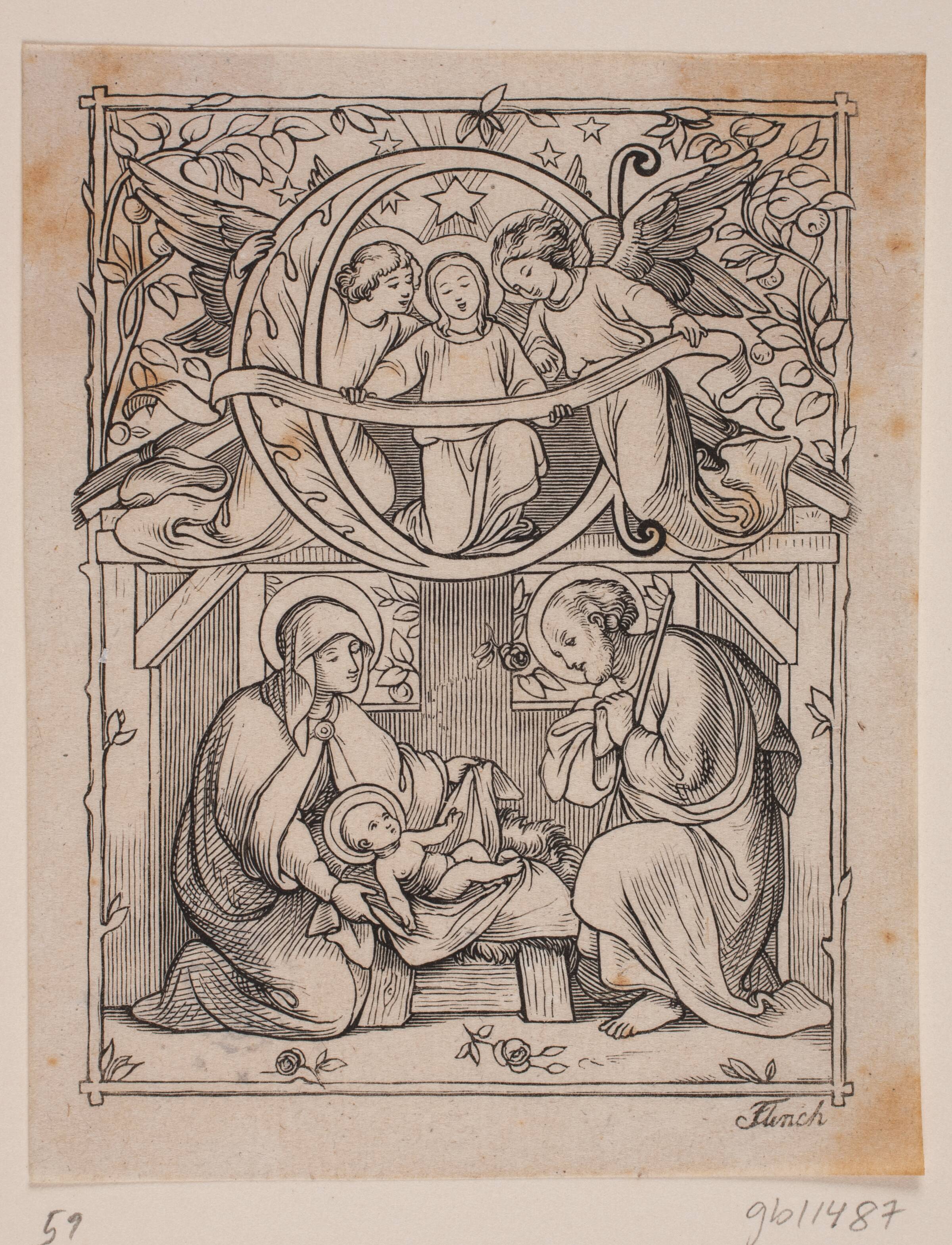 Initialer med fremstillinger af bedudelsen og Jesus fødsel, Andreas Flinch, 1813-1872