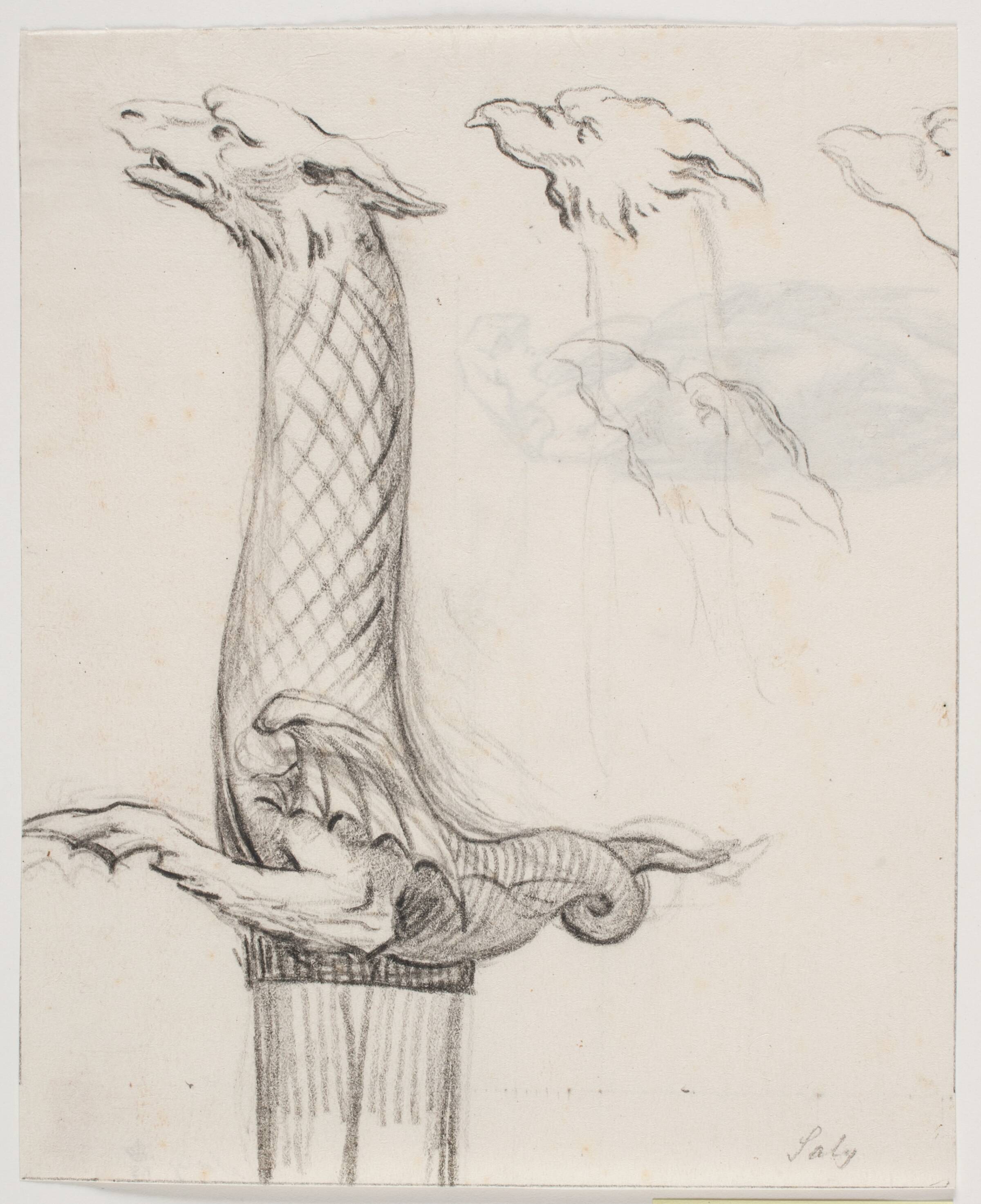 Sværdhæfte i form af drage samt tre dragehoveder, Jacques François Joseph Saly, 1717-1776