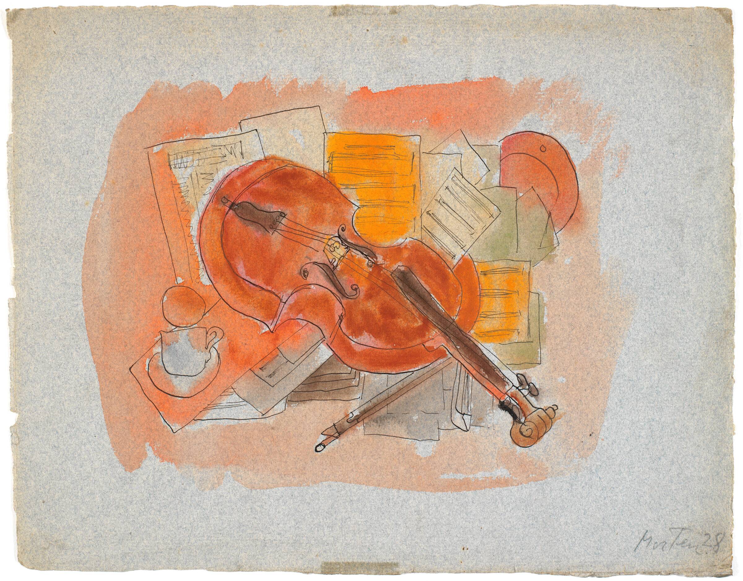 Kubistisk stilleben med violin og kop, Richard Mortensen, 1929-1931