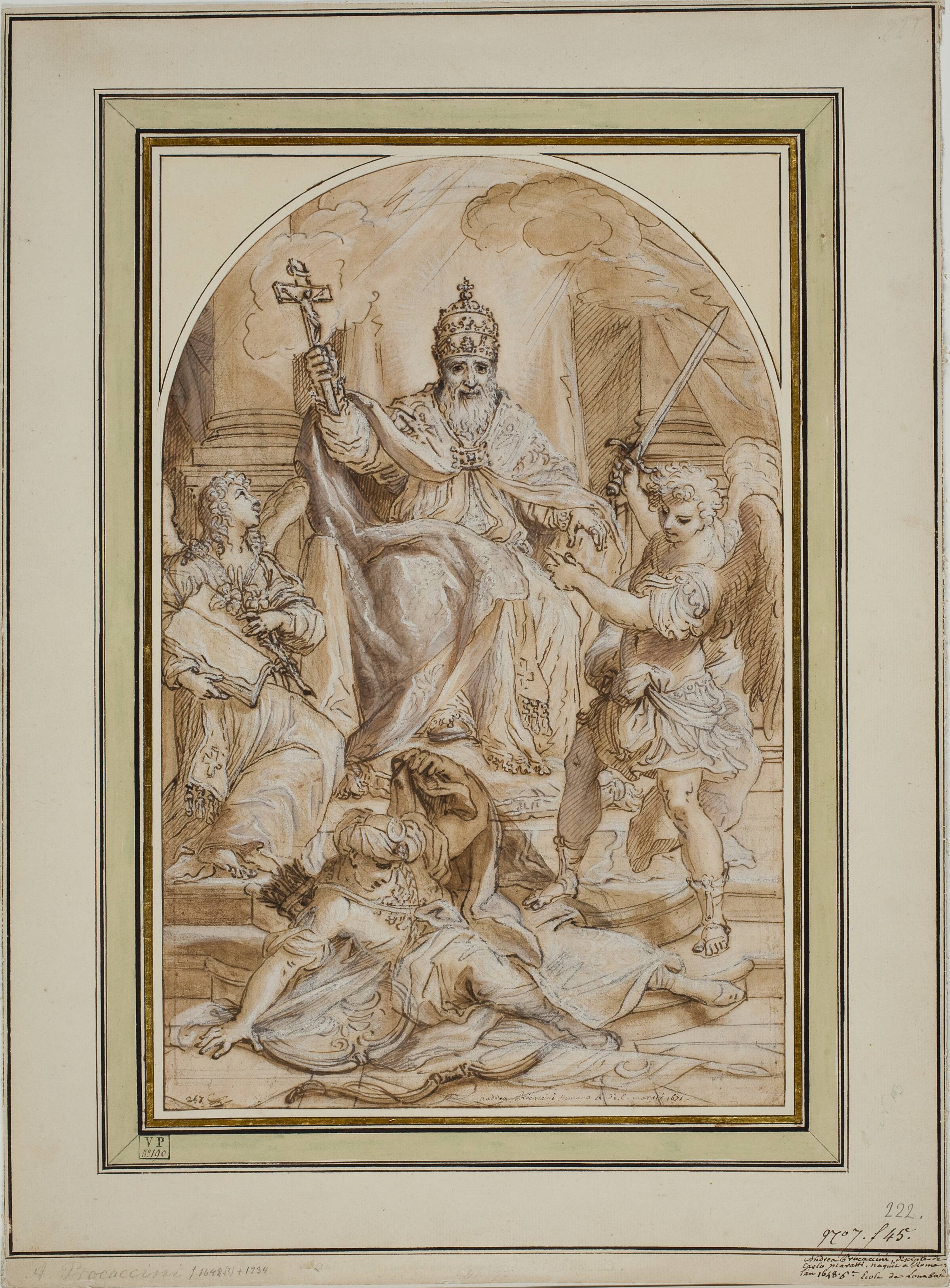 Paven tronende mellem en engel og ærkeenglen Mikael, der har nedstyrtet en tyrker, Procaccini, Andrea, 1671-1734