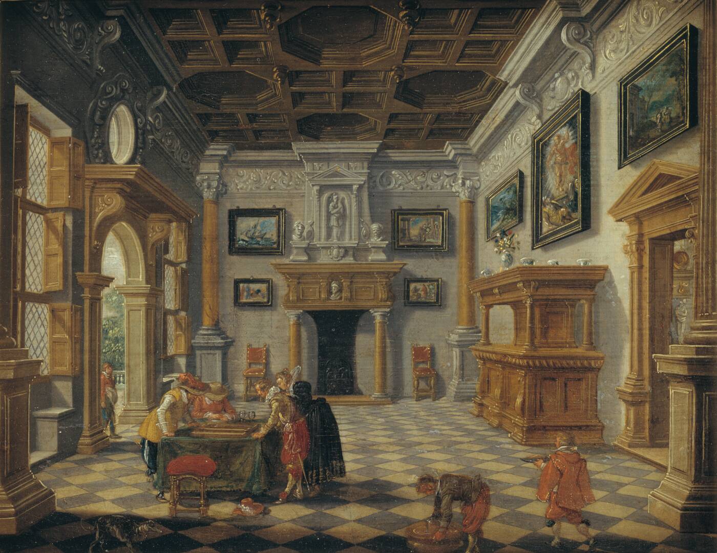 Sumptuous Renaissance Interior with Tric-Trac Players, by Esaias van de Velde, 1622-1630