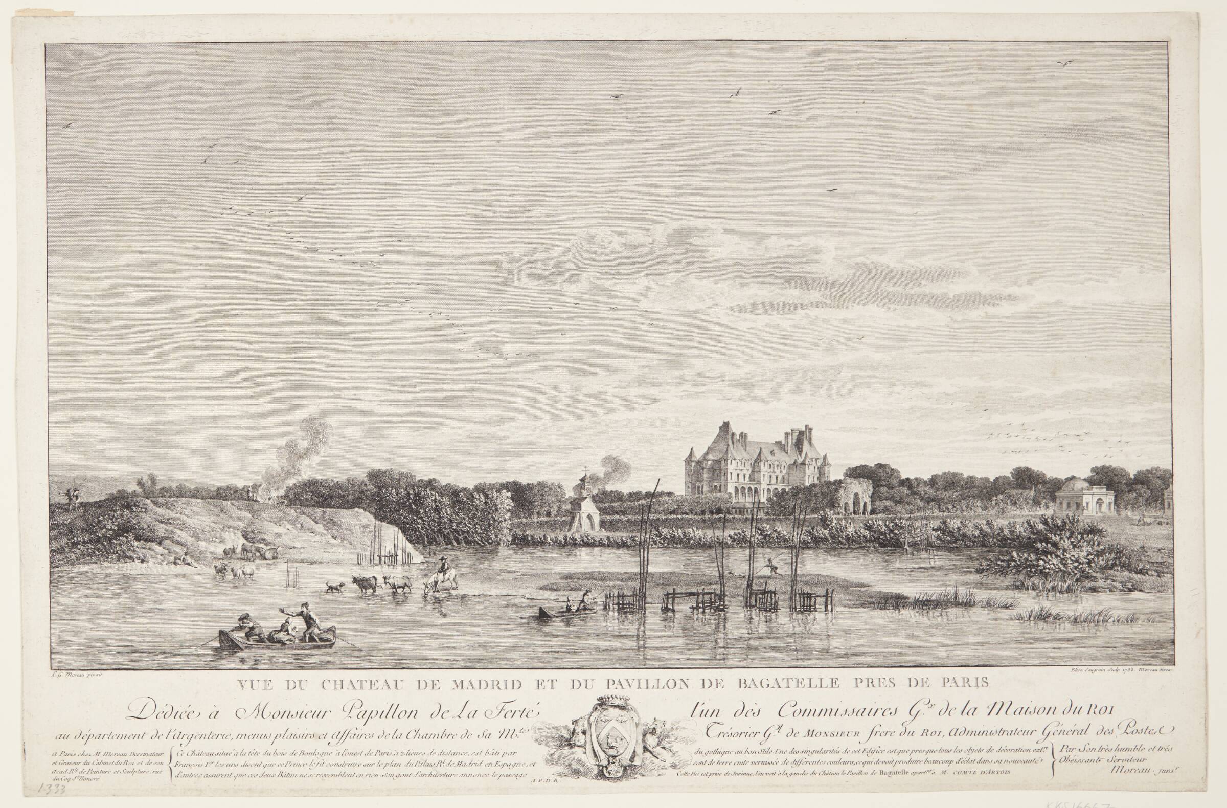 Udsigt over Château de Madrid og Pavillon de Bagatelle (Vue du Chateau de Madrid et du Pavillon de Bagatelle pres de Paris), Elise Saugrain, 1783