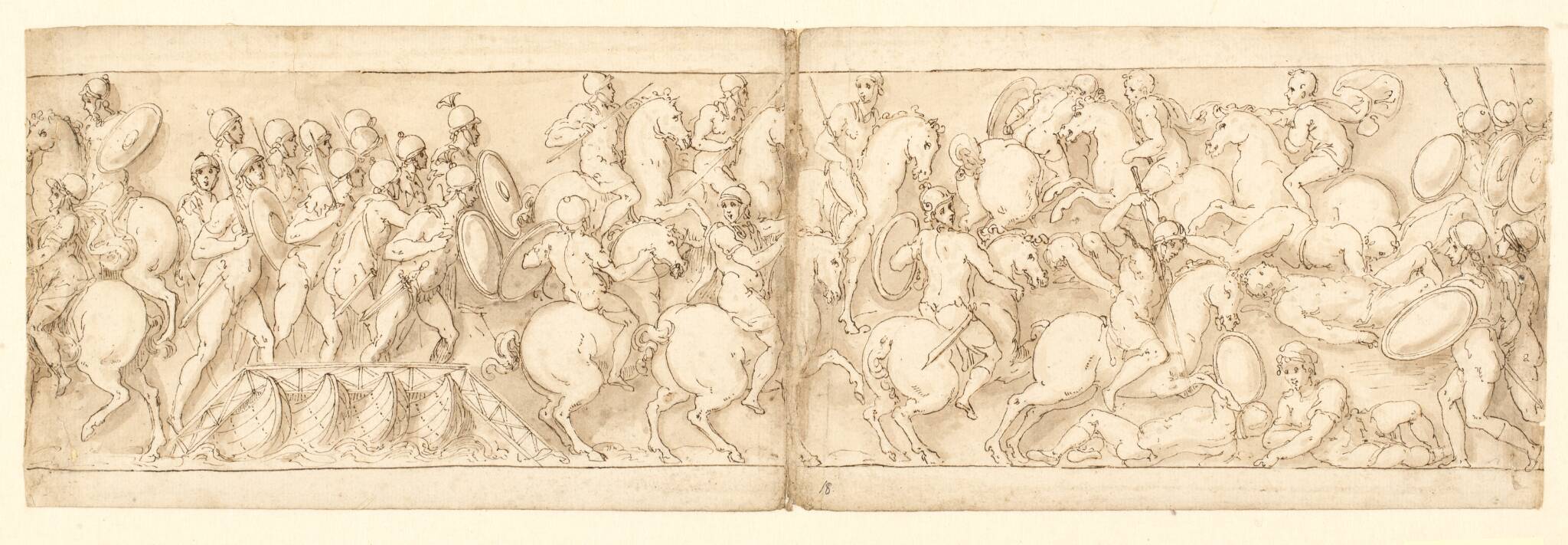 Marcus Aurelius drager over en bro med infanteri og kavaleri; sarmaterne drives tilbage af fremrykkende romere