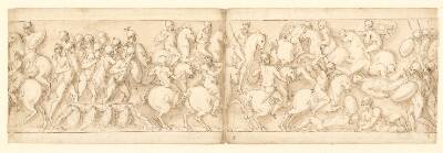 Marcus Aurelius drager over en bro med infanteri og kavaleri; sarmaterne drives tilbage af fremrykkende romere