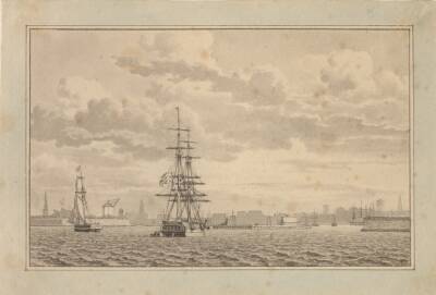 København set fra Yderhavnen med en Brig til ankers og en sejlende slup.