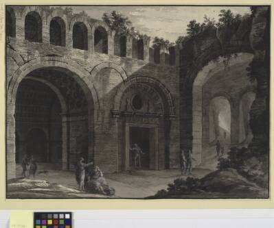 Arkitekturfantasi. Antik ruin med figurer, heraf nogle i antik dragt