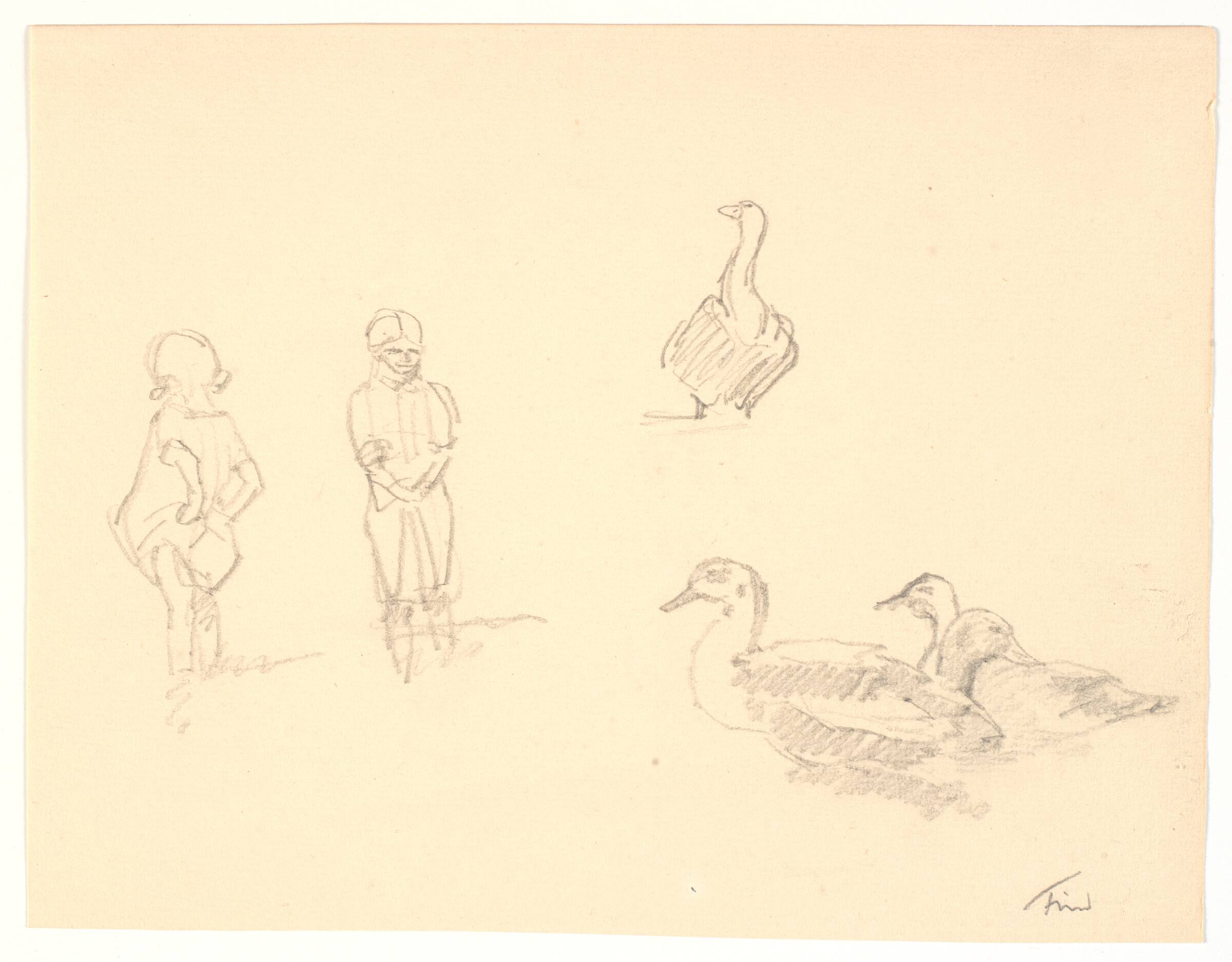 Studie af to soppende børn og tre gæs, Ludvig Find, 1869-1945