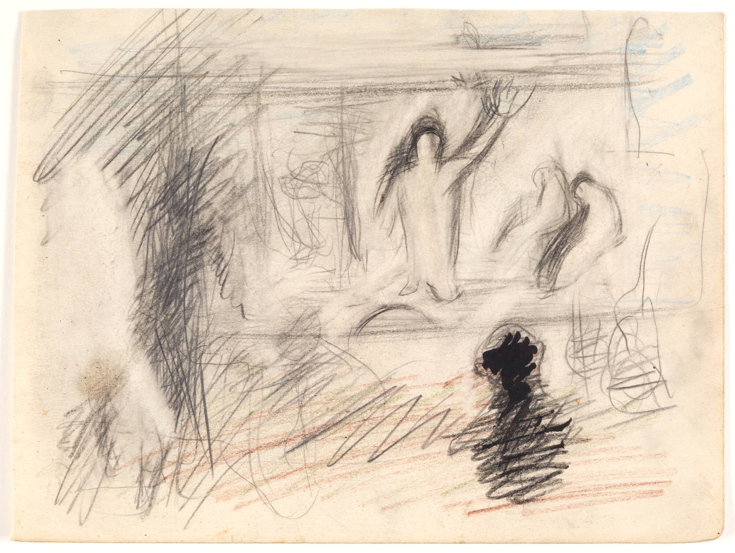 Stående mand med løftet arm og siddende figurer, Søren Hjorth Nielsen, 1901-1983