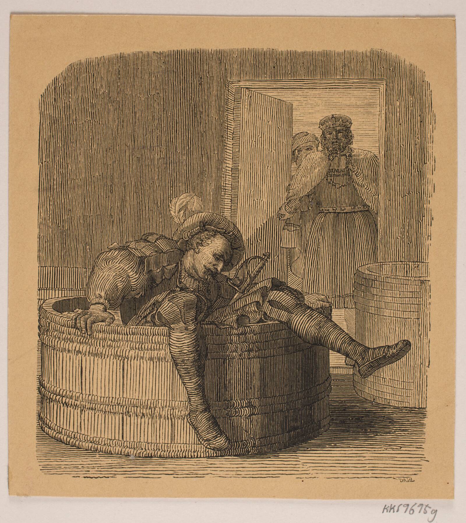 En ridder i et vinfad, Balzer Dahl, 1825-1893