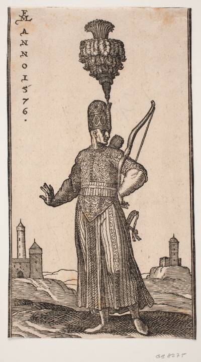 Stående soldat, frontalt set, hovedet vendt mod h.; han bærer bue over sin v. arm, pilekogger på ryggen og sværd ved sin v. side; han strækker koket sin h. arm bagud; i baggr. t.h. og t.v. to fæstningslignende bygninger