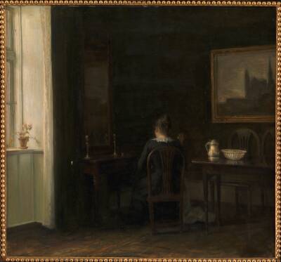 Interiør med kunstnerens hustru Emilie Heise